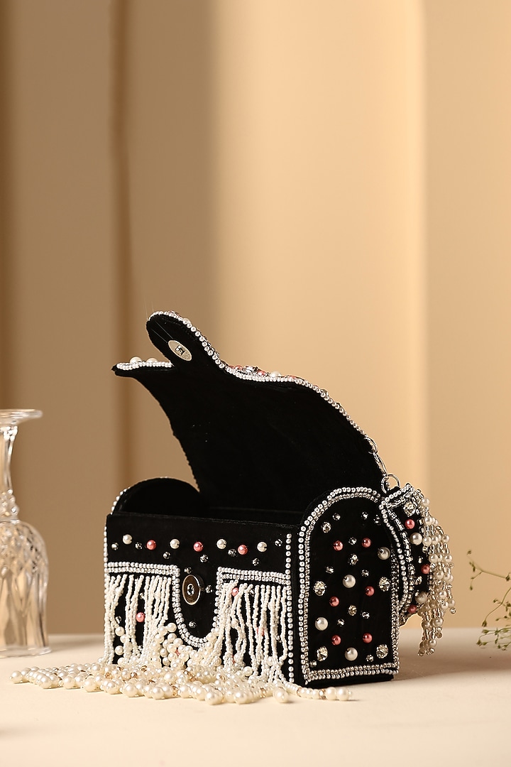 Black Velvet Crystal & Pearl Embellished Hand Bag by SWABHIMANN ACCESSORIES at Pernia's Pop Up Shop