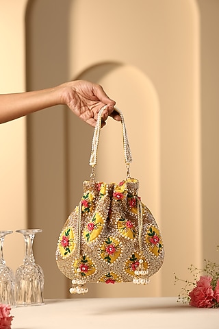 Yellow Silk Embroidered Potli by SWABHIMANN ACCESSORIES