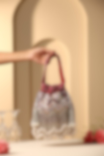 Red Velvet Pearl & Nalki Bead Work Potli by SWABHIMANN ACCESSORIES at Pernia's Pop Up Shop