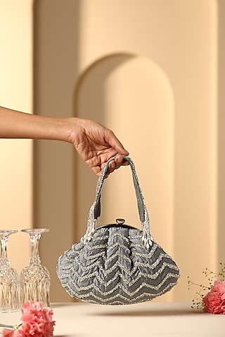 Green Silk Nalki Bead Work Clutch by SWABHIMANN ACCESSORIES