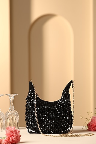 Black Velvet Crystal Embellished Hand Bag by SWABHIMANN ACCESSORIES