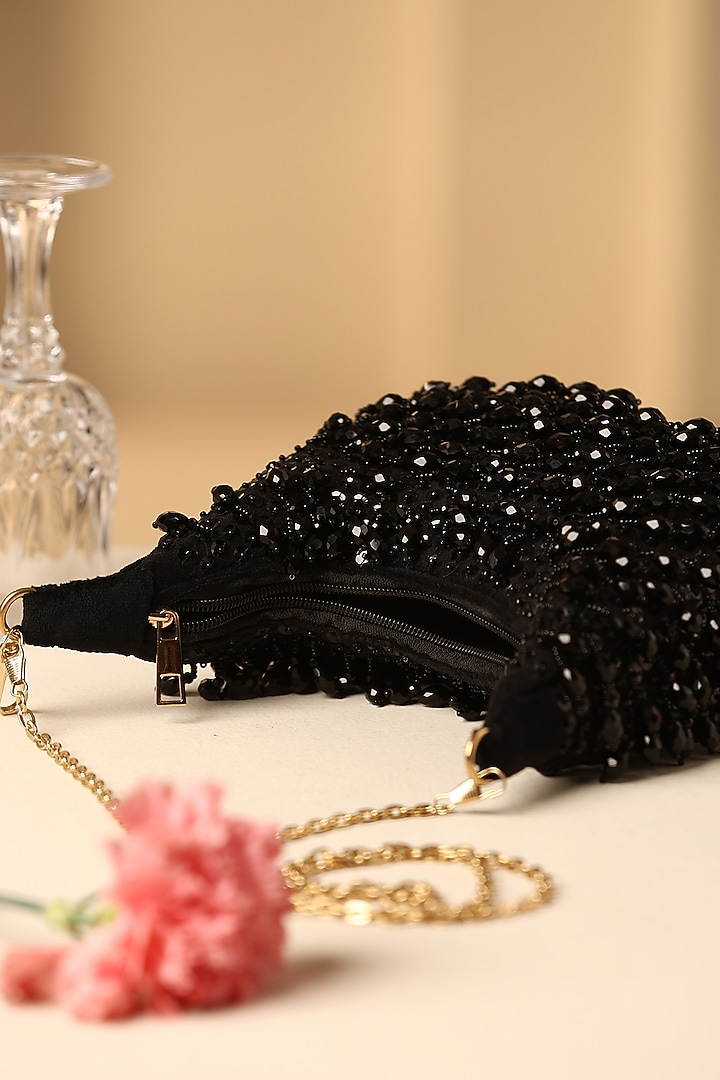 Black Velvet Crystal Embellished Hand Bag by SWABHIMANN ACCESSORIES at Pernia's Pop Up Shop