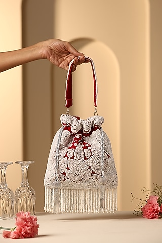 Red Velvet Pearl Embroidered Potli by SWABHIMANN ACCESSORIES