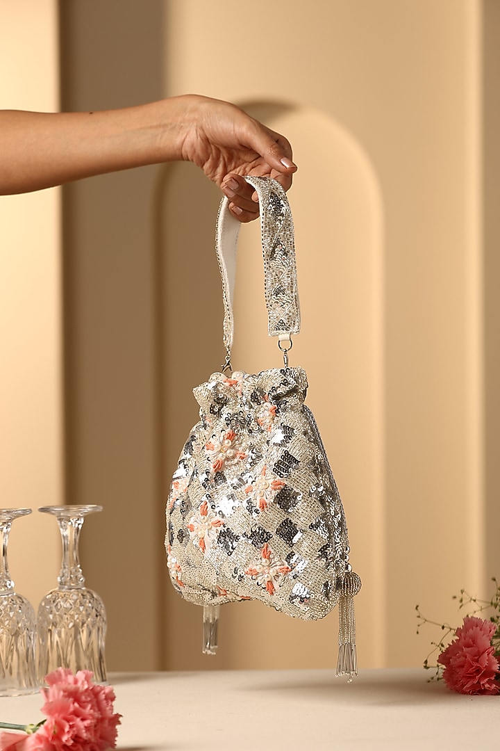 Grey Velvet Sequins & Pearl Embroidered Potli by SWABHIMANN ACCESSORIES at Pernia's Pop Up Shop
