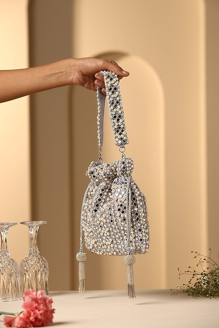 Grey Silk Mirror Work Potli by SWABHIMANN ACCESSORIES at Pernia's Pop Up Shop