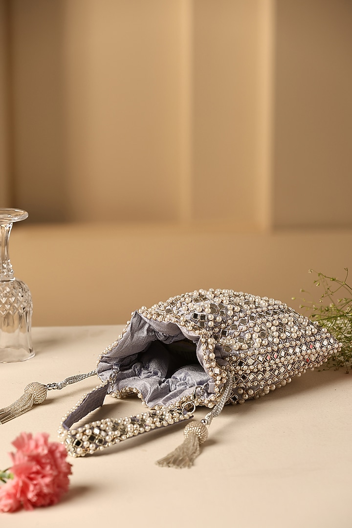 Grey Silk Mirror Work Potli by SWABHIMANN ACCESSORIES at Pernia's Pop Up Shop