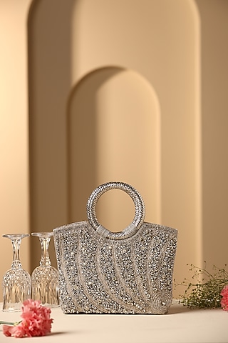 Grey Jute Crystal Embellished Hand Bag by SWABHIMANN ACCESSORIES