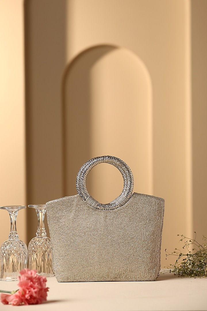 Grey Jute Crystal Embellished Hand Bag by SWABHIMANN ACCESSORIES at Pernia's Pop Up Shop