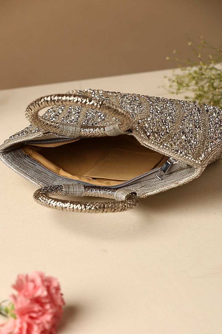 Grey Jute Crystal Embellished Hand Bag by SWABHIMANN ACCESSORIES at Pernia's Pop Up Shop