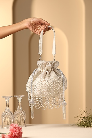 White Silk Nalki Bead Work Potli by SWABHIMANN ACCESSORIES