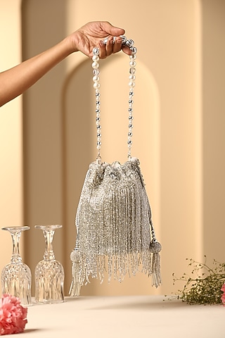 Grey Silk Nalki Bead Work Potli by SWABHIMANN ACCESSORIES