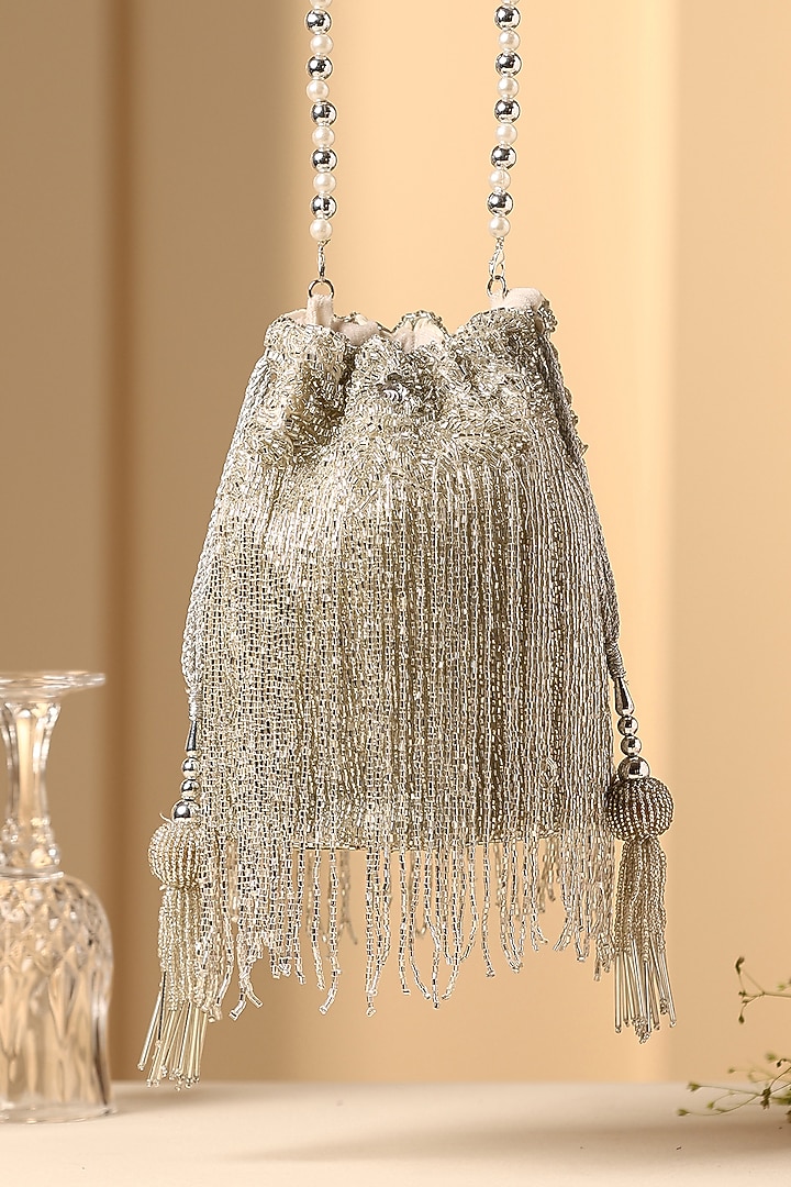 Grey Silk Nalki Bead Work Potli by SWABHIMANN ACCESSORIES at Pernia's Pop Up Shop