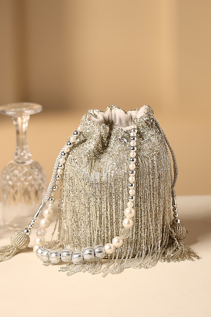 Grey Silk Nalki Bead Work Potli by SWABHIMANN ACCESSORIES at Pernia's Pop Up Shop