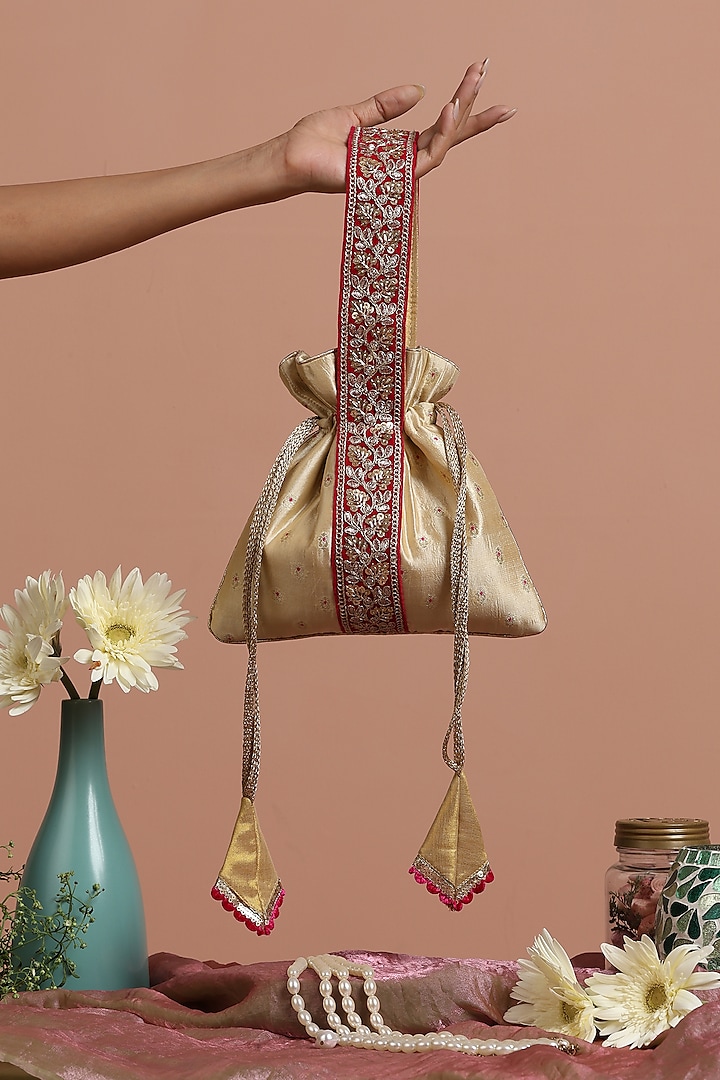 Cream & Magenta Pink Pure Silk Potli Bag by SWABHIMANN ACCESSORIES at Pernia's Pop Up Shop