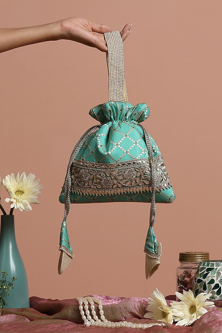 Mint Brocade Potli Bag by SWABHIMANN ACCESSORIES at Pernia's Pop Up Shop