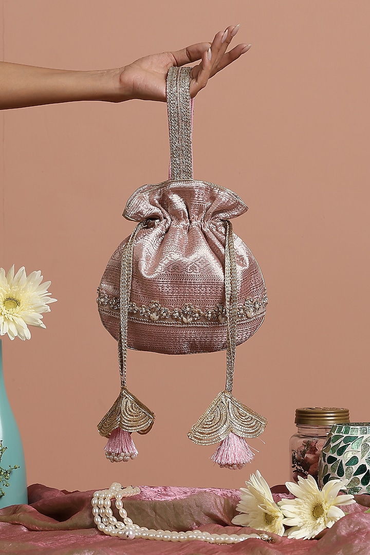 Pink Pure Silk Brocade Crystal Embroidered Potli Bag by SWABHIMANN ACCESSORIES at Pernia's Pop Up Shop