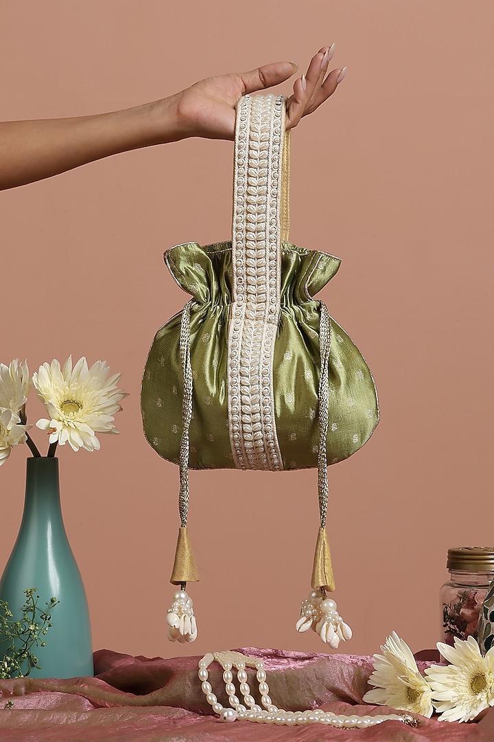 Green Pure Silk Brocade Pearl Embroidered Potli Bag by SWABHIMANN ACCESSORIES at Pernia's Pop Up Shop