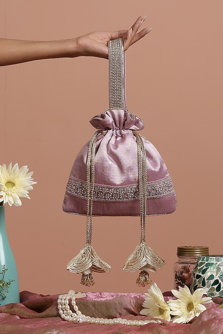 Lavender Pure Silk Brocade Potli Bag by SWABHIMANN ACCESSORIES at Pernia's Pop Up Shop