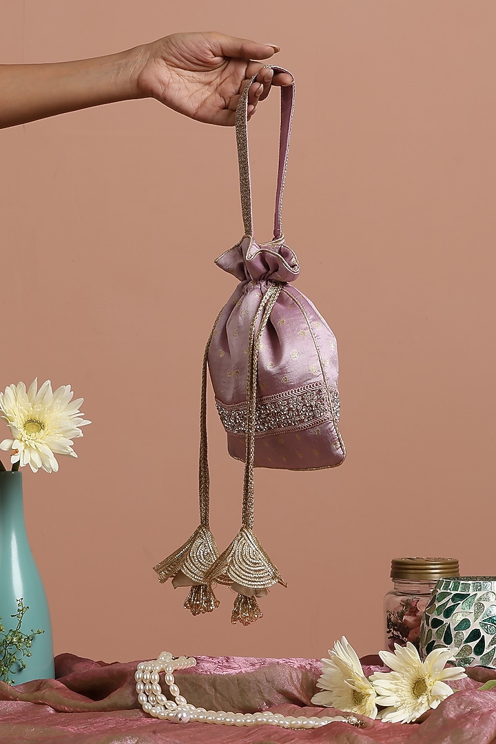 Lavender Pure Silk Brocade Potli Bag by SWABHIMANN ACCESSORIES at Pernia's Pop Up Shop