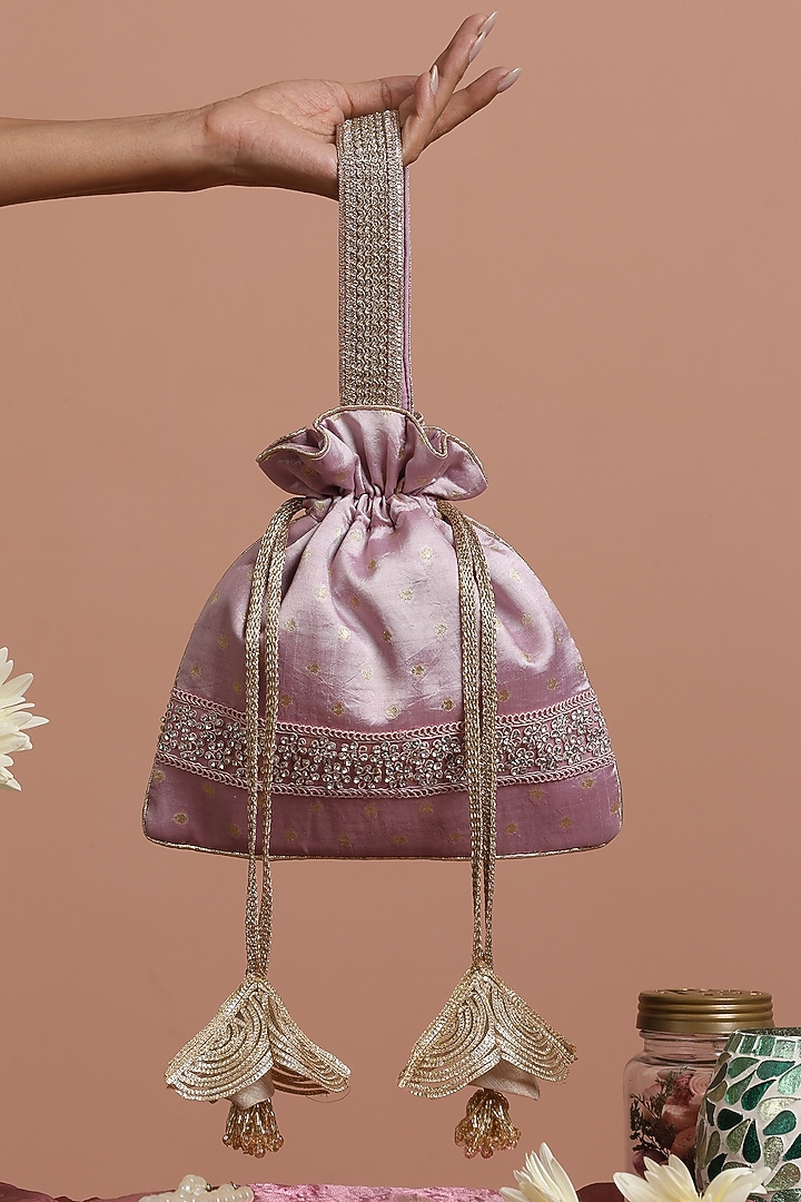 Lavender Pure Silk Brocade Potli Bag by SWABHIMANN ACCESSORIES at Pernia's Pop Up Shop