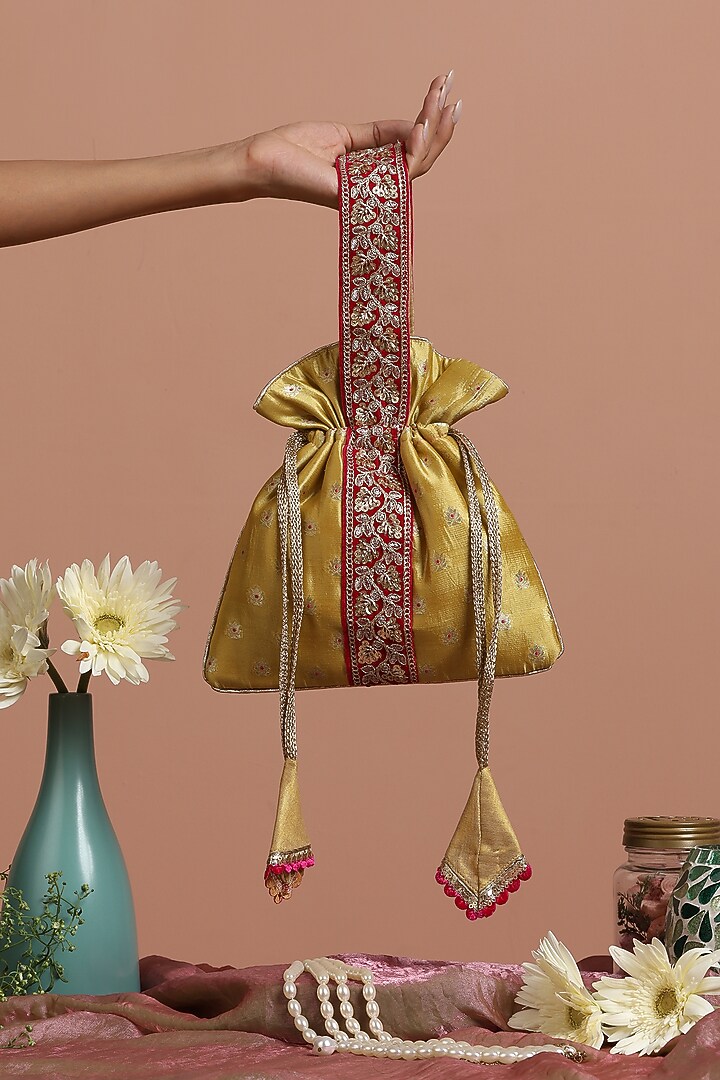 Pista Brown & Magenta Pink Pure Silk Potli Bag by SWABHIMANN ACCESSORIES at Pernia's Pop Up Shop