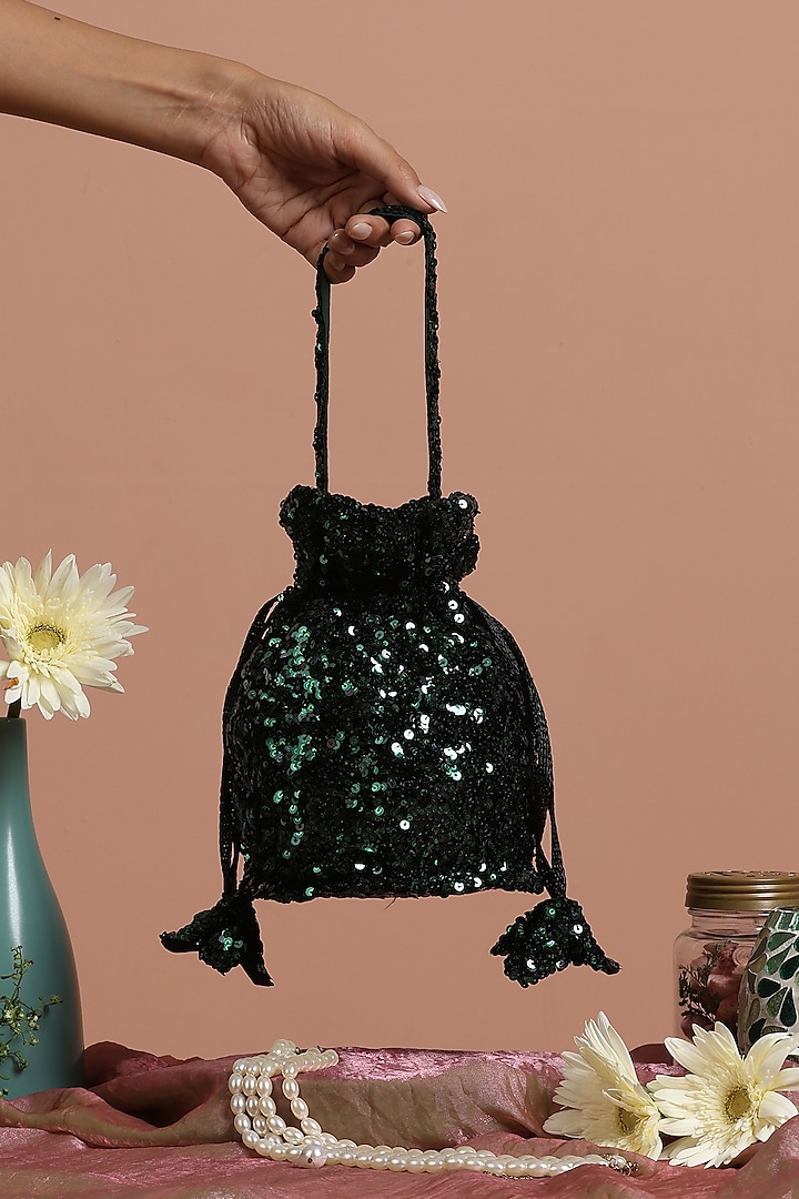 Green Sequins Net Potli Bag by SWABHIMANN ACCESSORIES at Pernia's Pop Up Shop