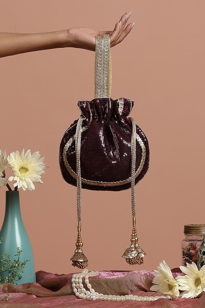 Wine & Gold Georgette Sequins Embroidered Potli Bag by SWABHIMANN ACCESSORIES at Pernia's Pop Up Shop