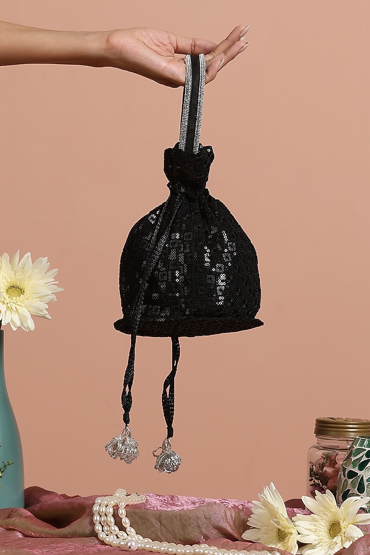 Black Georgette Sequins Embroidered Potli Bag by SWABHIMANN ACCESSORIES at Pernia's Pop Up Shop