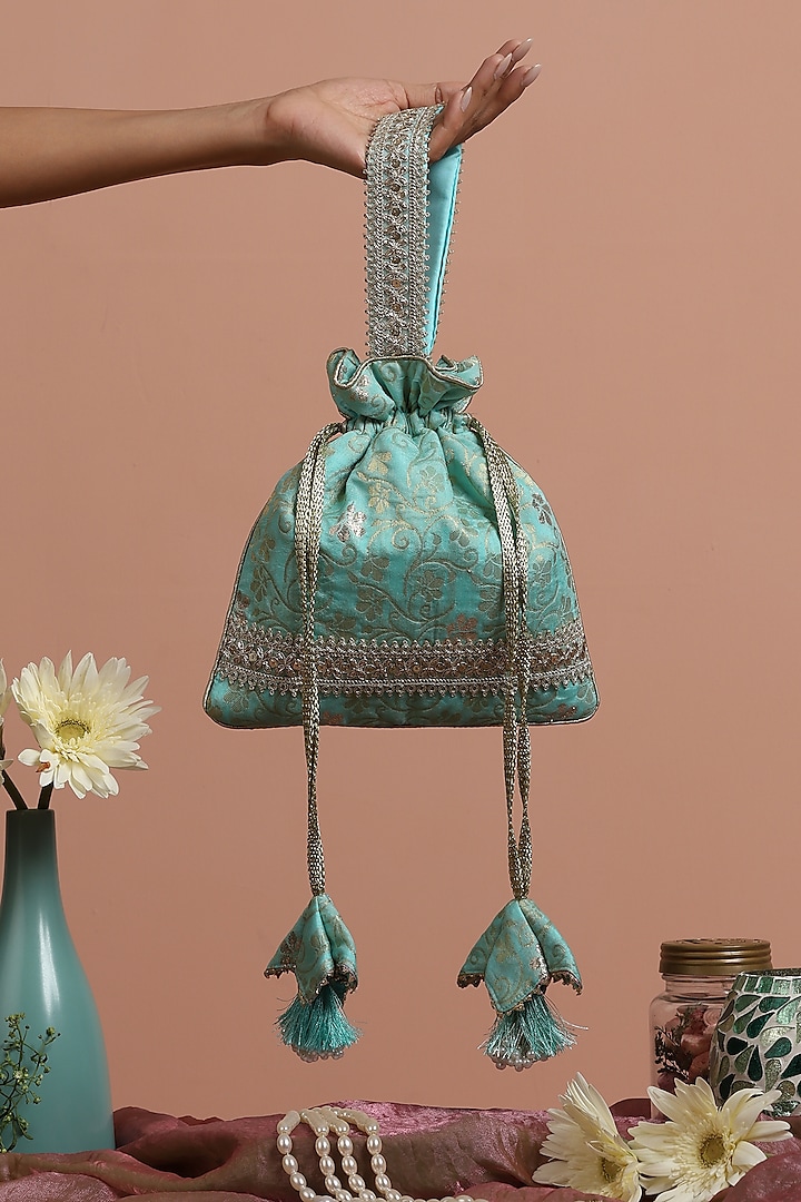 Mint Silk Brocade Embroidered Potli Bag by SWABHIMANN ACCESSORIES at Pernia's Pop Up Shop