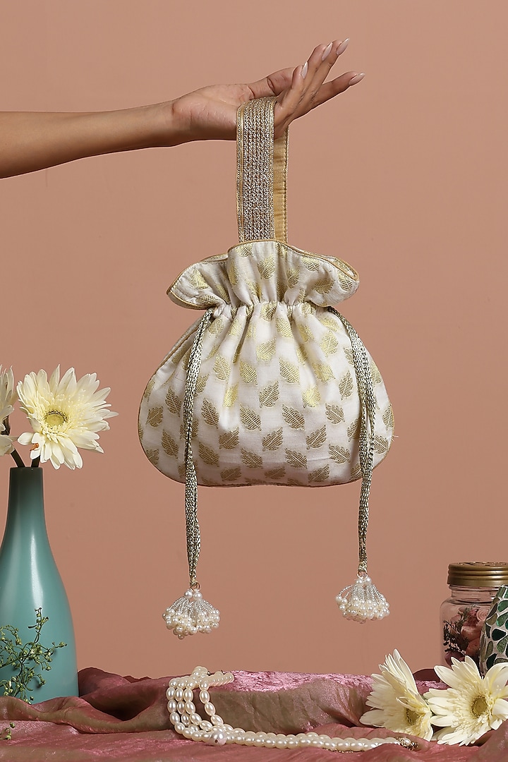 Gold & White Chanderi Potli Bag by SWABHIMANN ACCESSORIES at Pernia's Pop Up Shop