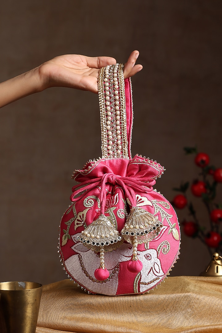 Pink Chanderi Embroidered Potli Bag by SWABHIMANN ACCESSORIES at Pernia's Pop Up Shop