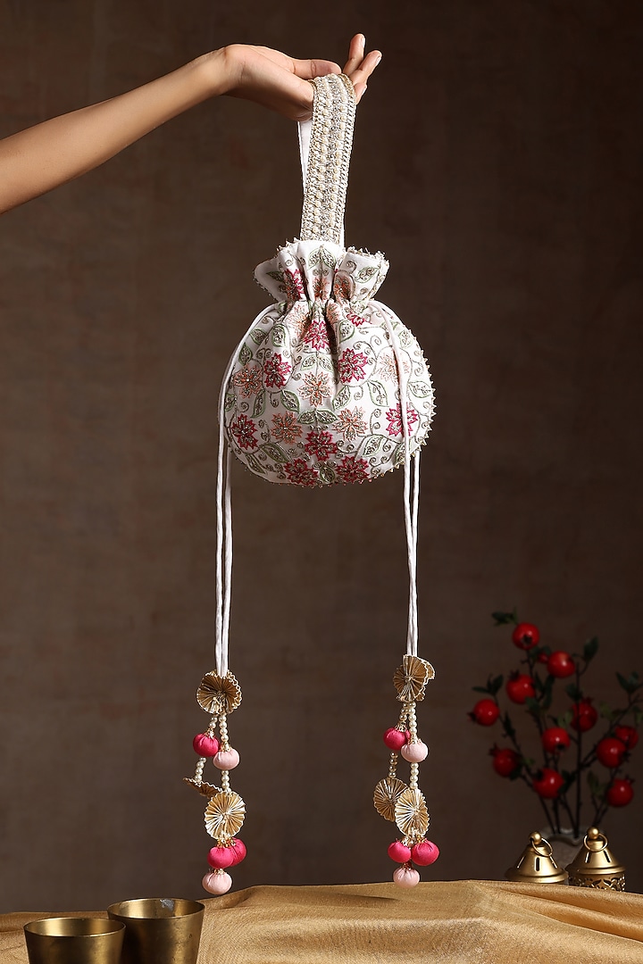 White Chanderi Embroidered Potli Bag by SWABHIMANN ACCESSORIES at Pernia's Pop Up Shop