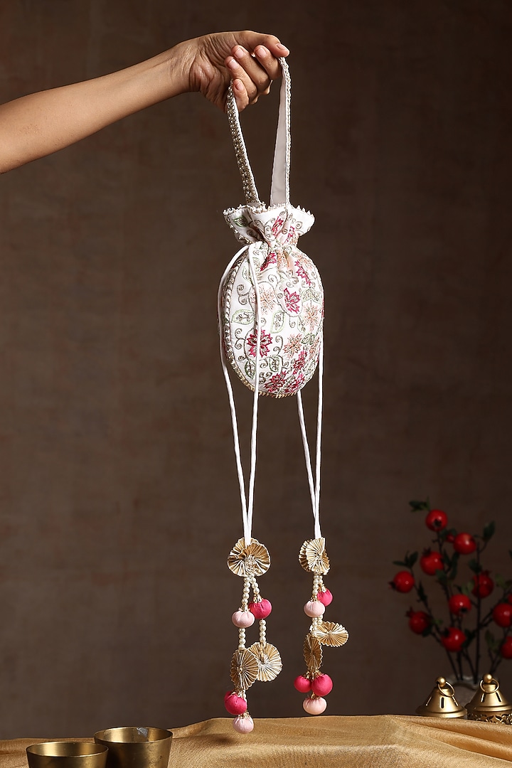 White Chanderi Embroidered Potli Bag by SWABHIMANN ACCESSORIES at Pernia's Pop Up Shop