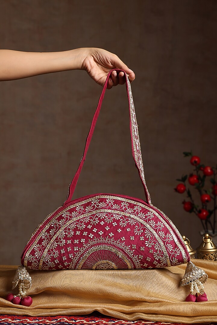 Maroon Chanderi Embroidered Bag by SWABHIMANN ACCESSORIES at Pernia's Pop Up Shop