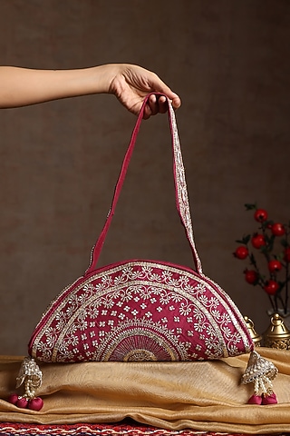 Maroon Chanderi Embroidered Bag by SWABHIMANN ACCESSORIES