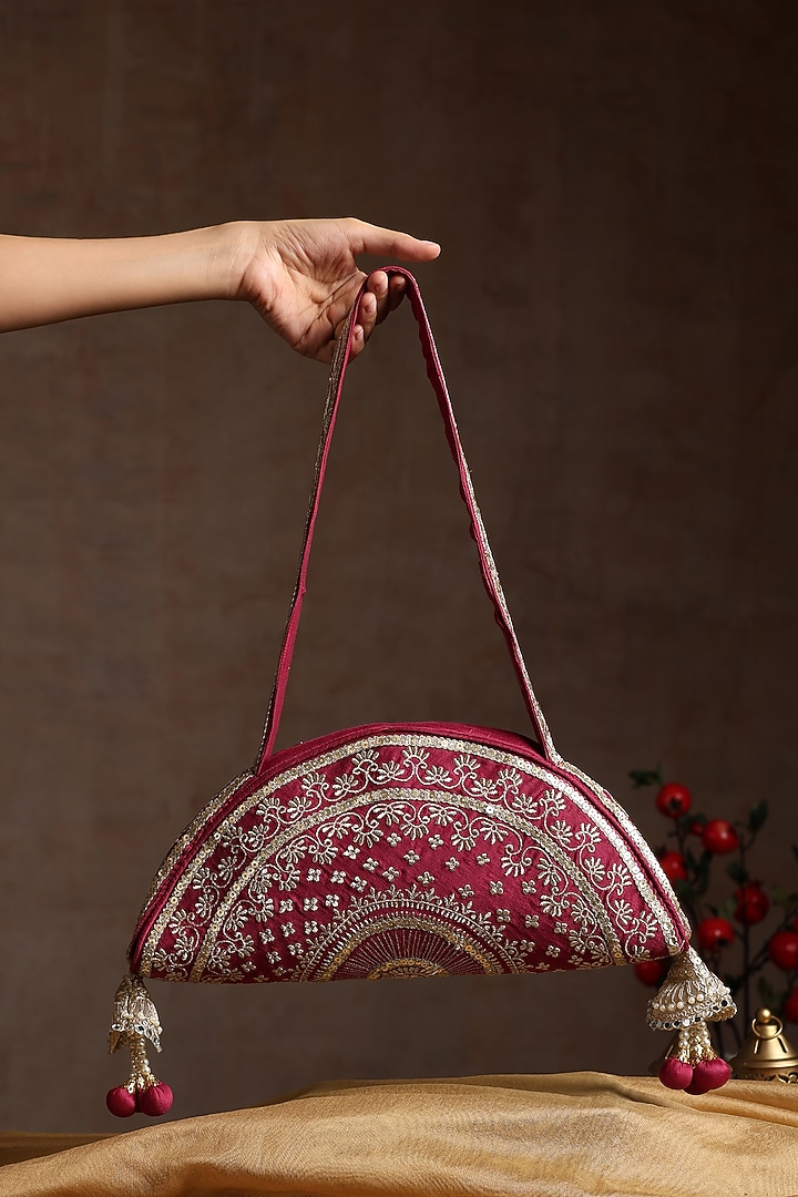 Maroon Chanderi Embroidered Bag by SWABHIMANN ACCESSORIES at Pernia's Pop Up Shop