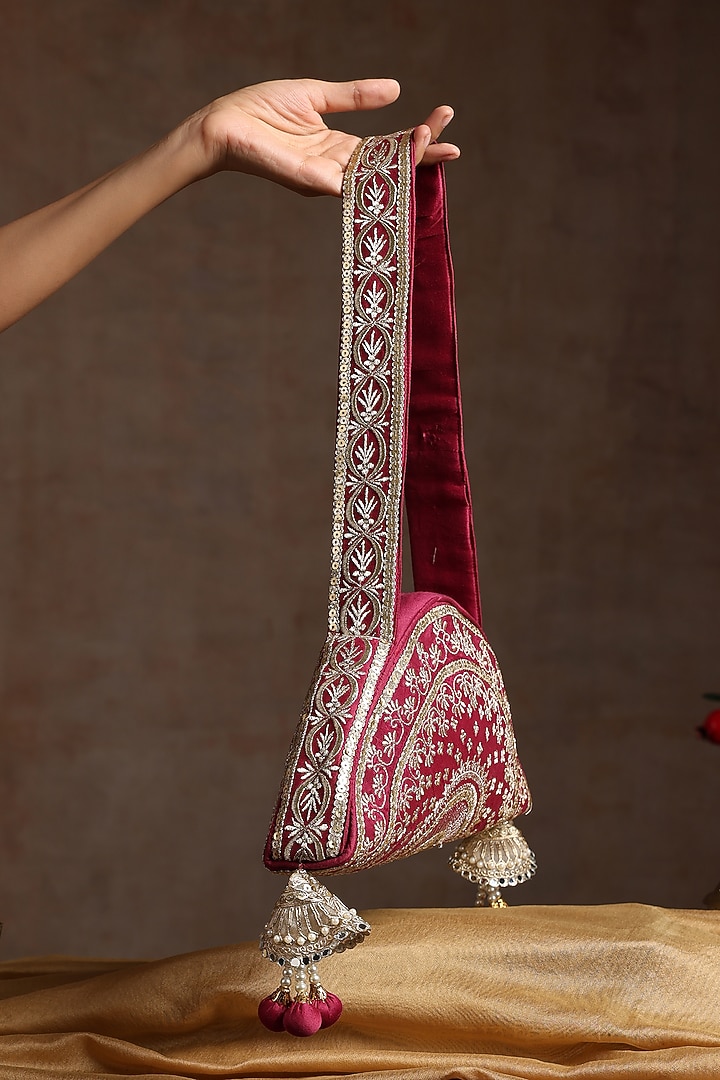 Maroon Chanderi Embroidered Bag by SWABHIMANN ACCESSORIES at Pernia's Pop Up Shop