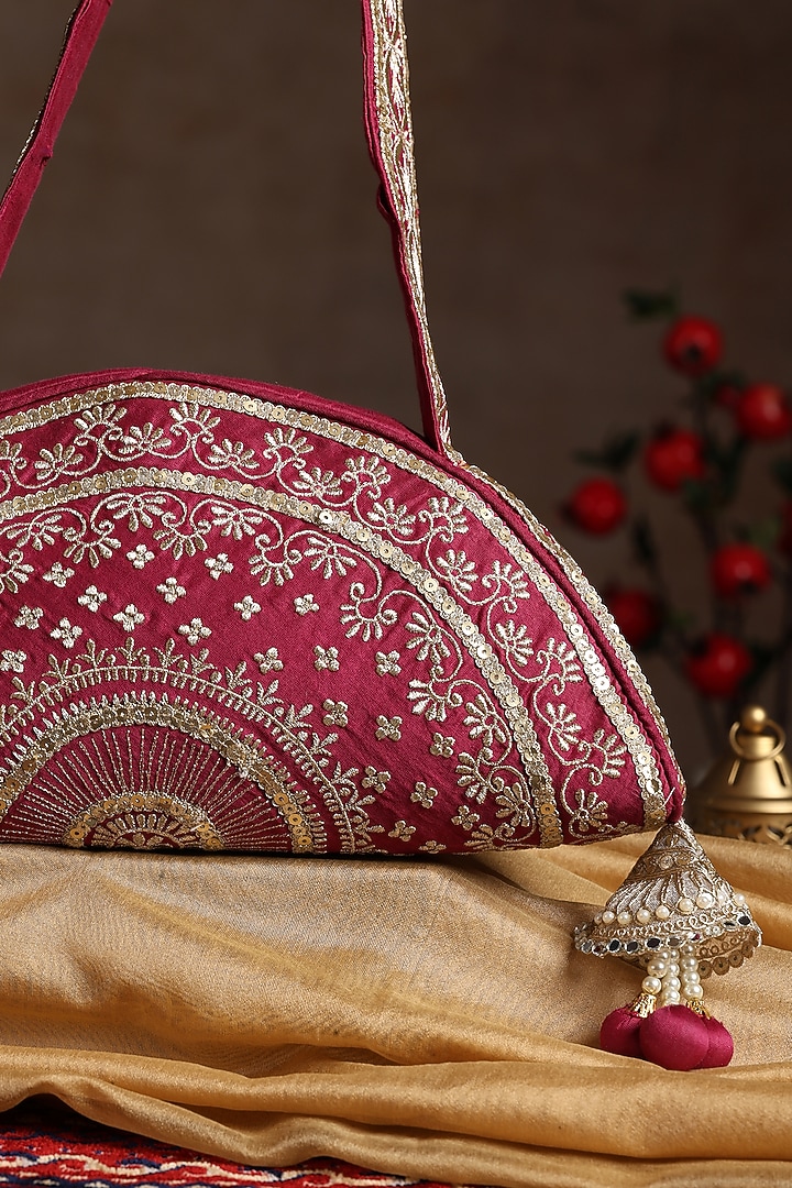 Maroon Chanderi Embroidered Bag by SWABHIMANN ACCESSORIES at Pernia's Pop Up Shop