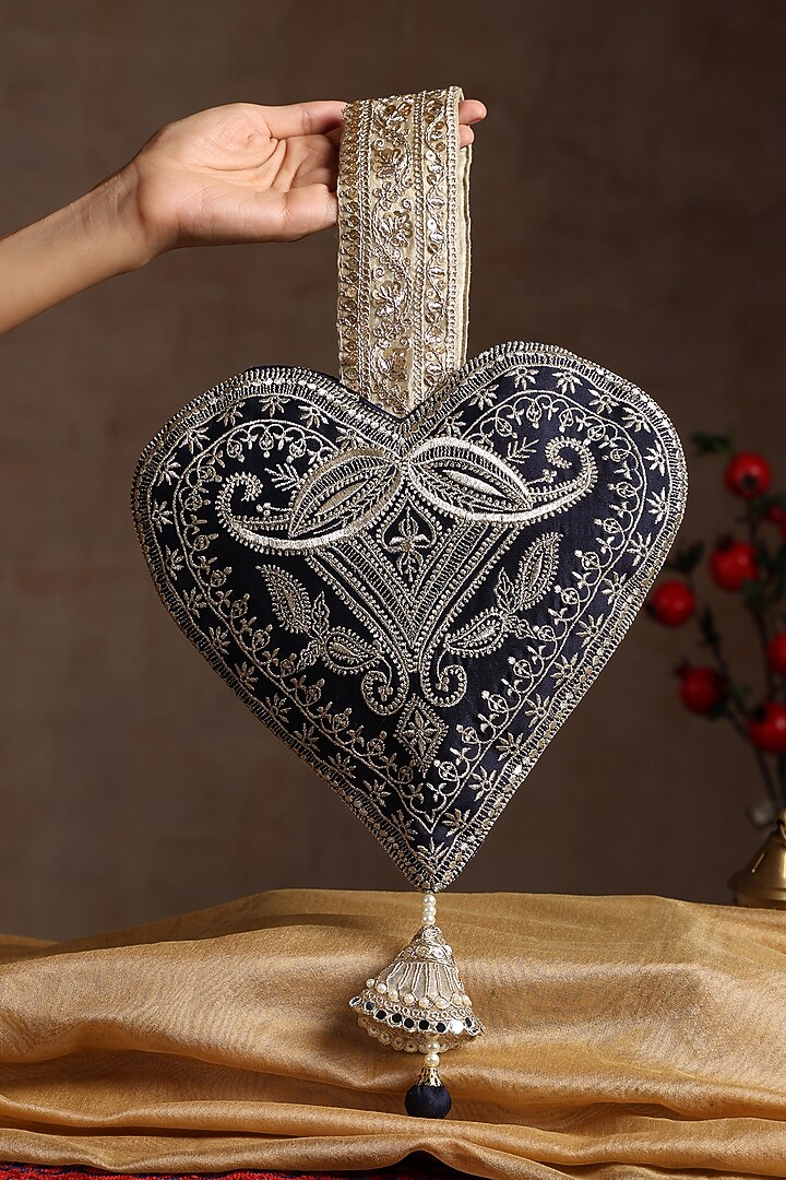 Navy Blue Chanderi Embroidered Bag by SWABHIMANN ACCESSORIES at Pernia's Pop Up Shop