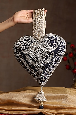 Navy Blue Chanderi Embroidered Bag by SWABHIMANN ACCESSORIES