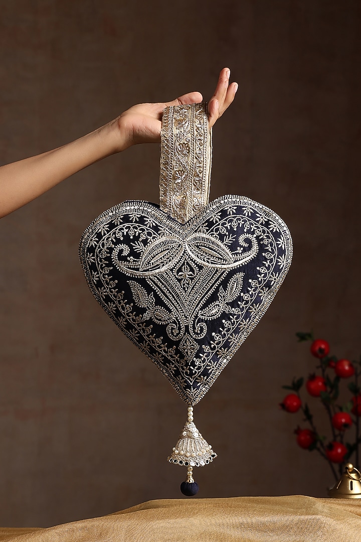Navy Blue Chanderi Embroidered Bag by SWABHIMANN ACCESSORIES at Pernia's Pop Up Shop