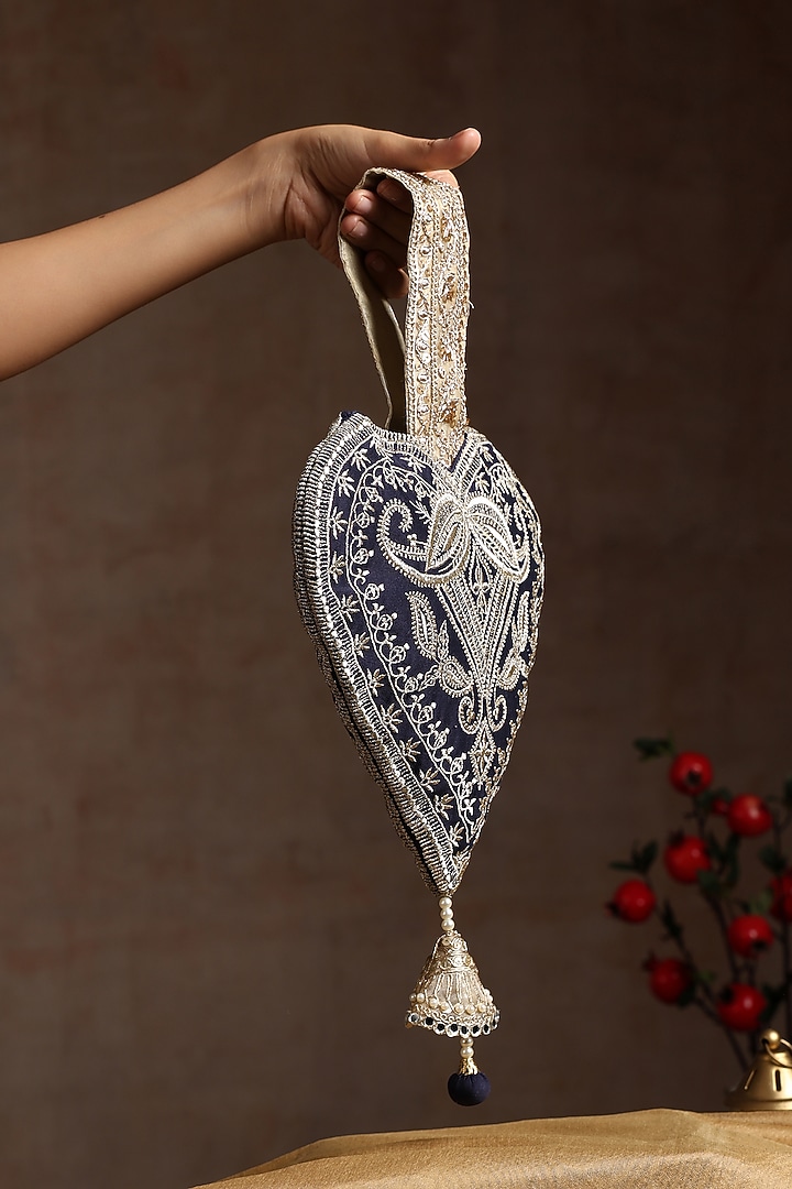 Navy Blue Chanderi Embroidered Bag by SWABHIMANN ACCESSORIES at Pernia's Pop Up Shop