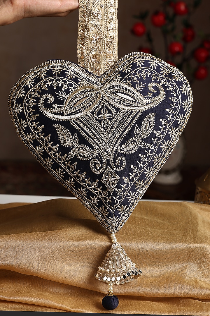 Navy Blue Chanderi Embroidered Bag by SWABHIMANN ACCESSORIES at Pernia's Pop Up Shop