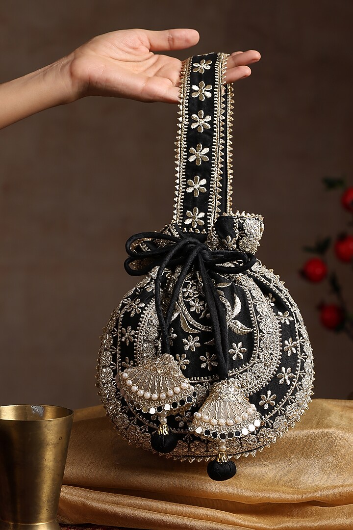 Black Chanderi Embroidered Potli Bag by SWABHIMANN ACCESSORIES at Pernia's Pop Up Shop