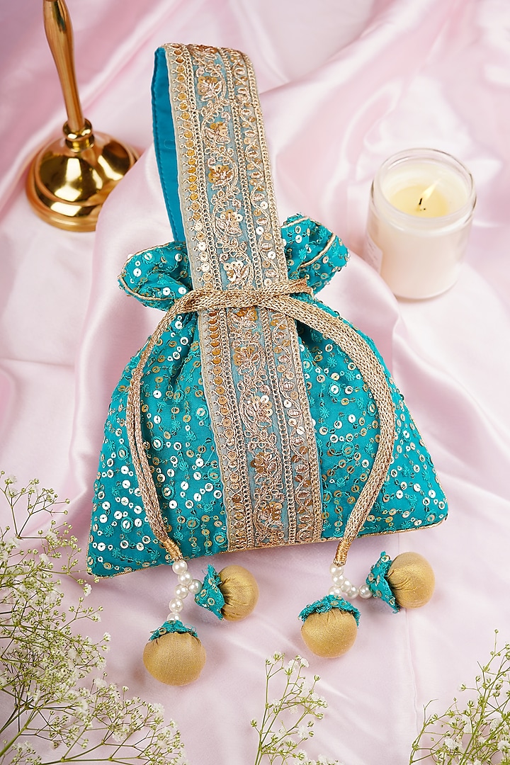 Teal Organza Mirror & Sequins Embroidered Potli by SWABHIMANN ACCESSORIES