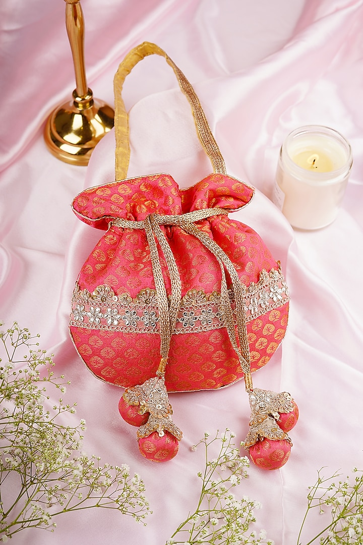 Pink Chanderi Crystal Embroidered Potli by SWABHIMANN ACCESSORIES at Pernia's Pop Up Shop