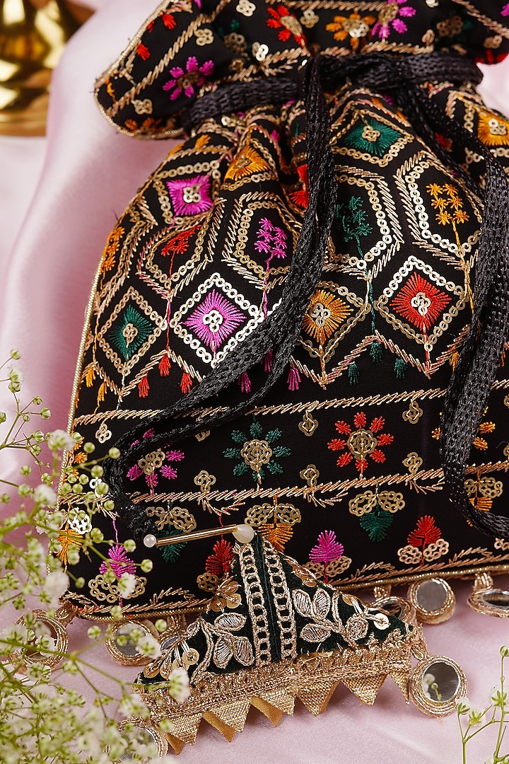 Black Georgette Mirror Embroidered Potli by SWABHIMANN ACCESSORIES at Pernia's Pop Up Shop