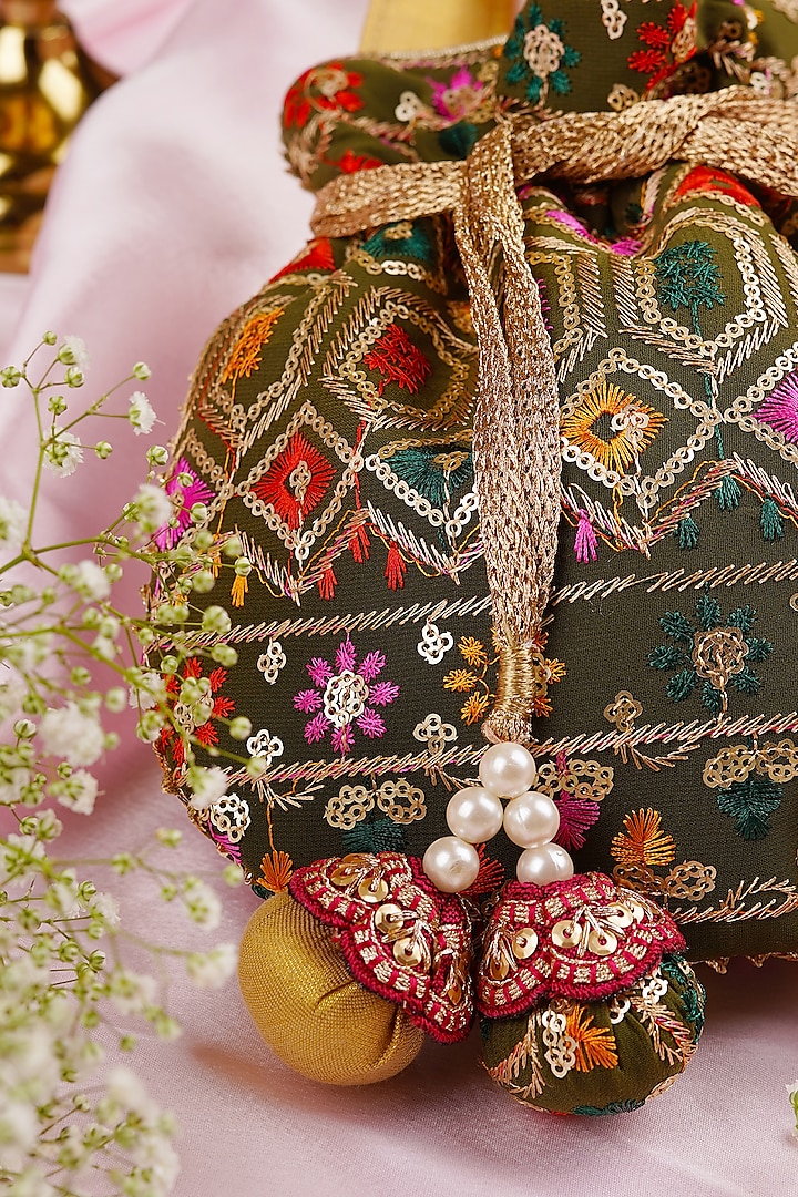 Mehendi Green Georgette Embroidered Potli by SWABHIMANN ACCESSORIES at Pernia's Pop Up Shop