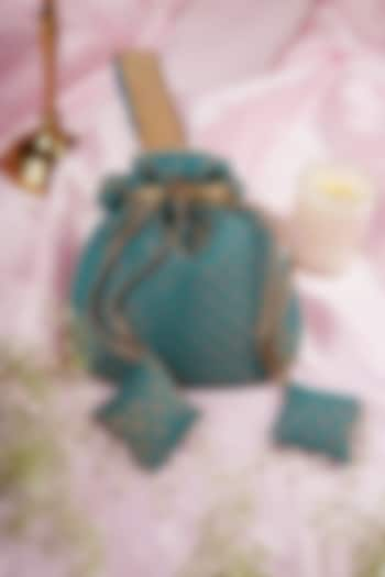 Teal Chanderi Pearl Embroidered Potli by SWABHIMANN ACCESSORIES at Pernia's Pop Up Shop