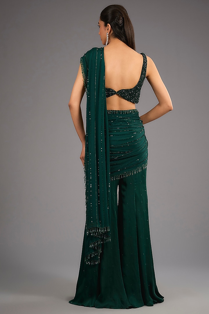 Bottle Green Georgette Draped Sharara Reception Saree Set by Sawan Gandhi at Pernia's Pop Up Shop